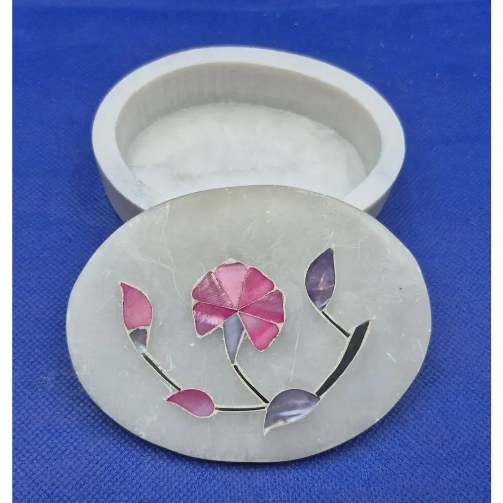Vintage Mother of Pearl Inlay Alabaster Lidded Oval Trinket Box 4.25x3